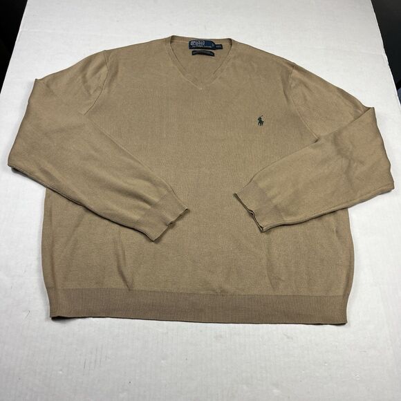 Polo Ralph Lauren Tan Cotton V-Neck Pullover Sweater XXL Preppy Classic Knit - Picture 1 of 10